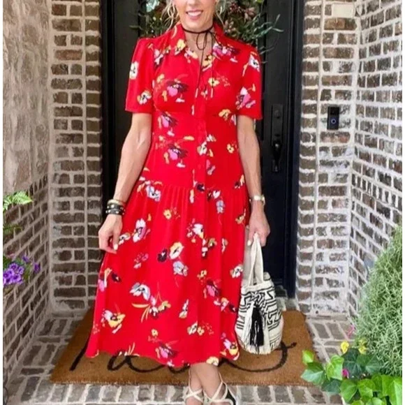 *Flawed* CAbi Afternoon Dress Floral Midi Red 6218 SS Shirt Dress Size XL Sheer - Picture 12 of 15